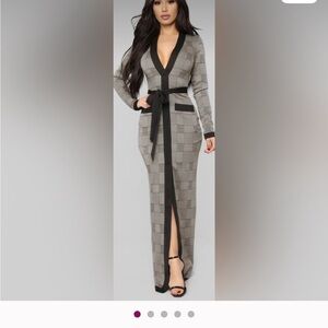 Fashion Nova Gray Plaid Maxi Dress with Black Trim